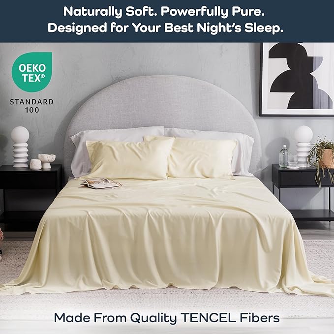 Olive + Crate Tencel Lyocell Eucalyptus Sheets King Size - Cooling Tencel Sheets for Hot Sleepers with 18 Inch Deep Pocket Fit - Butter Cream 4-Piece Set