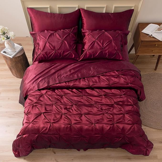 MR&HM Satin Comforter Set Oversized Queen, 7 Piece Bed in a Bag, Silky Soft All Season Bed Set, Luxury Pinch Pleat Bedding Set with Comforter, Sheets, Pillowcases & Shams, Burgundy