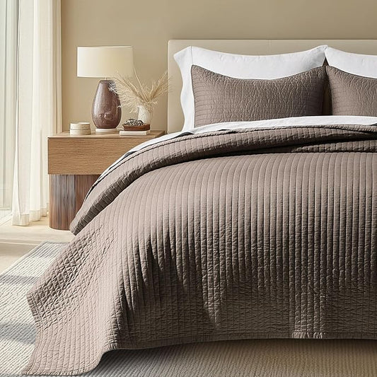 EVERGRACEHOME Cotton Sateen Quilt Set King Size, Pre-Washed Cotton Channel Stitch Coverlet Bedspread, 3 Pieces Lightweight Soft Bedding Sets for All Season, with 2 Pillow Shams, Mocha Brown