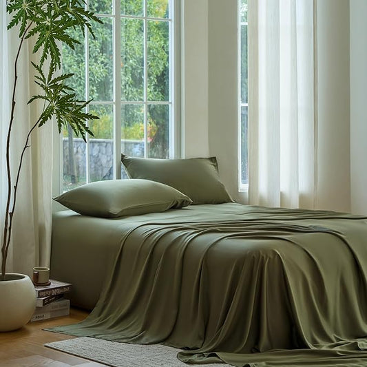 DOZ Sheet Set, 100% Viscose derived from Bamboo, Organically Grown, Buttery Soft, Cooling Sheets, High GSM, Deep Pockets - 3 Piece - 2 Pillowcases 1 Fitted Sheet (Olive, Queen)
