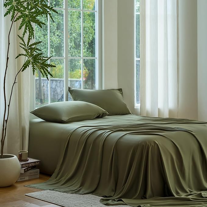 DOZ Sheet Set, 100% Viscose derived from Bamboo, Organically Grown, Buttery Soft, Cooling Sheets, High GSM, Deep Pockets - 3 Piece - 1 Pillowcase 1 Fitted 1 Top Sheet (Olive, Twin XL)