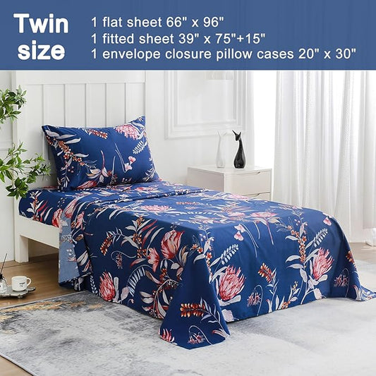 JSD Navy Floral Sheet Set Twin Size, 3 Piece Printed Microfiber Sheets Extra Deep Pocket Wrinkle Free