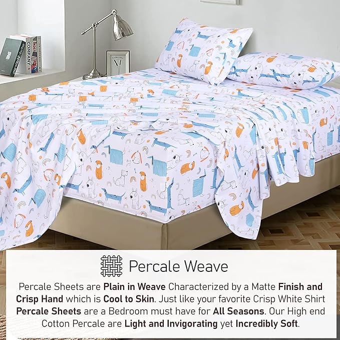 RUVANTI 100% Cotton Sheets – Queen Size Percale Bedding, Cooling & Breathable Floral Design, Durable with a Crisp, Soft & Comfortable Feel, 16" Deep Pocket, 4-Piece Set, Puppy Me
