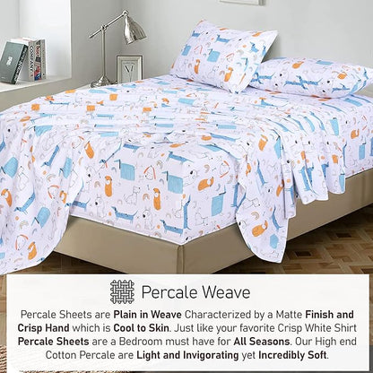 RUVANTI 100% Cotton Sheets – Full Size Percale Bedding, Cooling & Breathable Floral Design, Durable with a Crisp, Soft & Comfortable Feel, 16" Deep Pocket, 4-Piece Set, Puppy Me