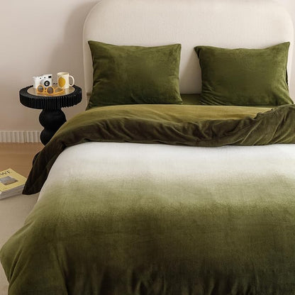 Cottonight Velvet Fluffy Comforter Full Dark Green Gradient Plush Flannel Bedding Set Women Men Thick Warm Winter Blanket Quilts Sherpa Micromink Ink Color Plush Fashion Bedding