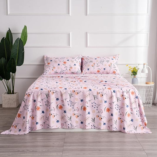 Best Season Pink Botanical Full Sheets Pink Flower Microfiber Bedding Decor - Breathable & Durable Full Bed Sheet Sets - Fits Up to 16 Inches Deep Pocket 4 Piece