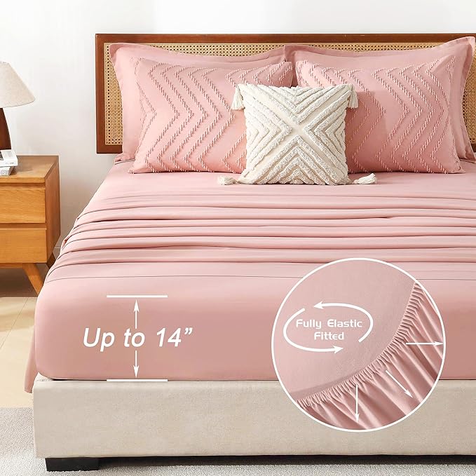 Litanika Blush Pink King Size Comforter Set with Sheets - 7 Pieces Bed in a Bag King Boho Tufted Complete Bedding Sets with Comforter, Sheets, Pillowcases & Shams