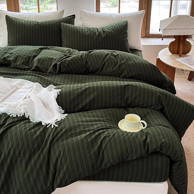 Striped Duvet Cover Set 100% Washed Cotton Linen Like Soft Feelling Breathable Bedding(Olive Green/Black Strip,Twin)