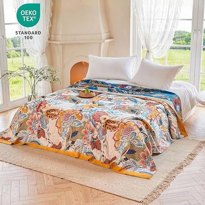 MSGKV Boho Throw Blanket 50"x60" Floral Cotton Blanket for Couch Sofa Spring Breathable Lightweight Farmhouse Blankets Home Decor Muslin All Seasons