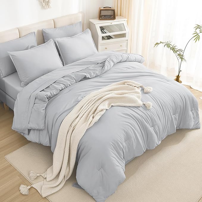 Litanika Queen Comforter Set Light Grey - 7 Pieces Bed in a Bag Queen Bedding Comforter Sets, Solid Lightweight Bed Set with Comforter, Sheets, Pillowcases & Shams