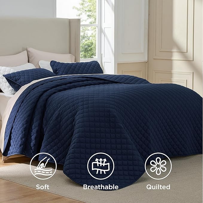 Bedsure Quilts Queen Size - Lightweight Bedspreads Queen Size with Classic Honeycomb Quilting, Soft Quilt Bedding Set, Navy Comforter Set Coverlet for All Seasons with 2 Pillow Shams (90" x 96") | Skin-Friendly Soft, All-Season Comfort, Breathable, Lig...