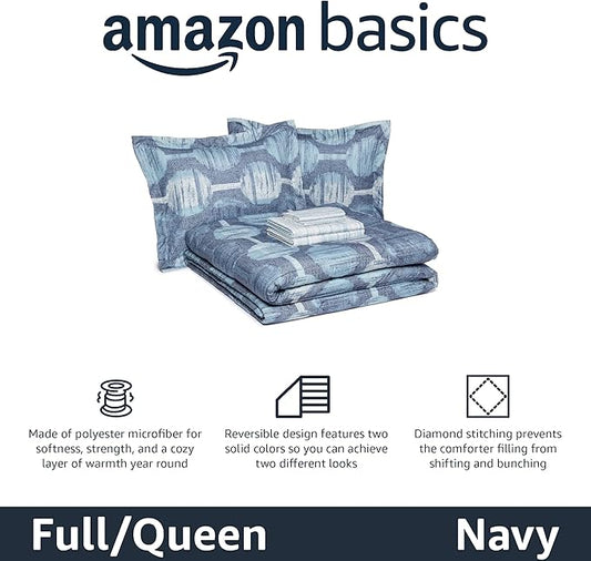 Amazon Basics 7-Piece Lightweight Microfiber Comforter Set, Full/Queen, Navy Geometrics