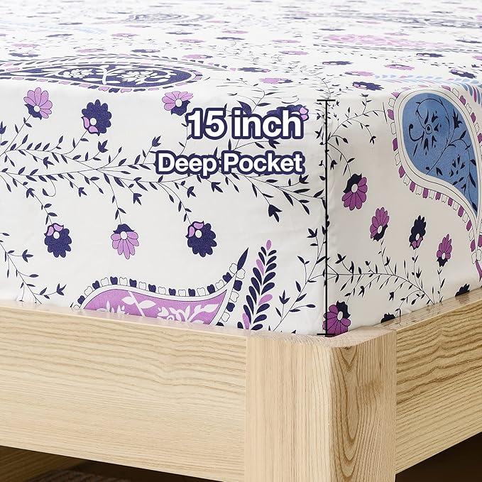 JSD 6 Piece Paisley Printed Sheet Set King Size, Soft Purple Pattern Microfiber Bed Sheets Deep Pocket