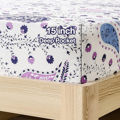 JSD 6 Piece Purple Paisley Sheet Set Queen Size, Soft Printed Microfiber Sheets with 4 Pillowcases Deep Pocket