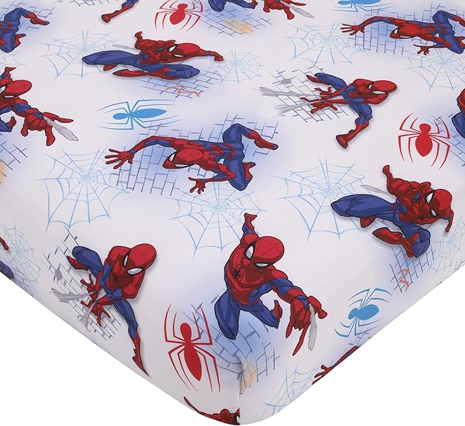 Disney Marvel Spiderman Wall Crawler Red, White, and Blue Spider Webs 4 Piece Toddler Bed Set - Comforter, Fitted Bottom Sheet, Flat Top Sheet, and Reversible Pillowcase