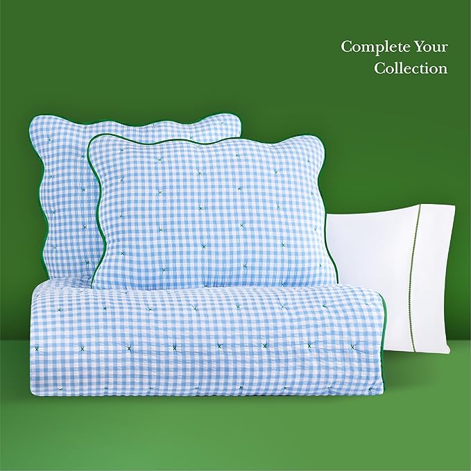 kate spade new york Joyful Gingham 3-Piece Full Queen Quilt Bedding Set, Poly-Cotton Blend Reversible Cover, All Season Warmth Bedding, Machine Washable, Windy Blue