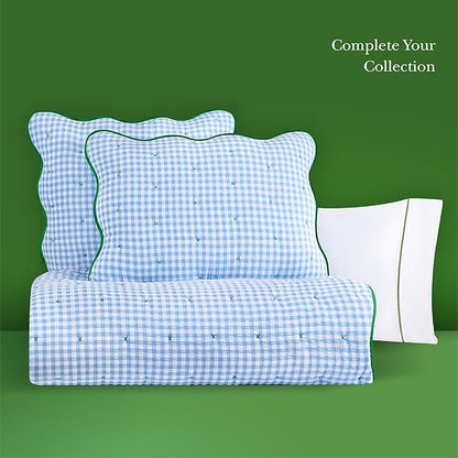 kate spade new york Joyful Gingham 2-Piece Twin Quilt Bedding Set, Poly-Cotton Blend Reversible Cover, All Season Warmth Bedding, Machine Washable, Windy Blue
