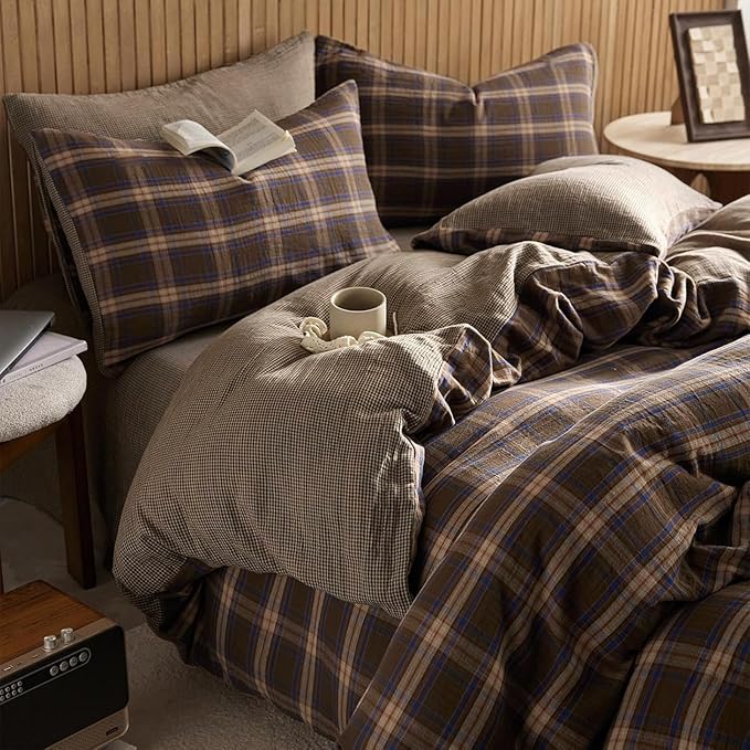 EAVD Vintage Style Brown&Blue Buffalo Plaid Duvet Cover Set Queen Soft 100% Cotton Muslin Blue Brown Grid Gingham Bedding Set with 2 Pillowcases Farmhouse Gingham Duvet Cover with Zipper Closure