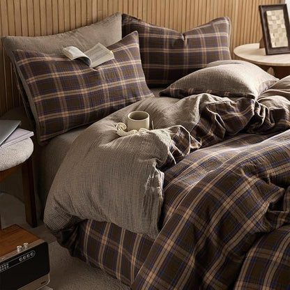 EAVD Vintage Style Brown&Blue Buffalo Plaid Duvet Cover Set Queen Soft 100% Cotton Muslin Blue Brown Grid Gingham Bedding Set with 2 Pillowcases Farmhouse Gingham Duvet Cover with Zipper Closure