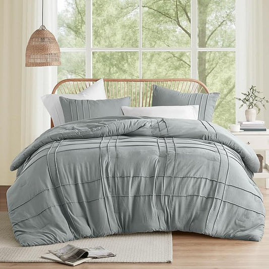 Comfort Spaces Blue/Grey Twin Size Comforter Set - 2 Piece Pintuck Pleated Bedding Set, All Season Lightweight, Extra Softness Pre-Washed Microfiber Bed Set, Shams