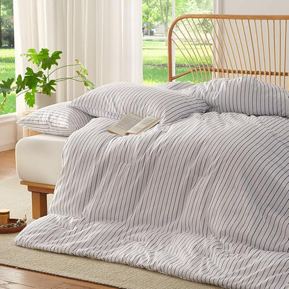 Striped Comforter Set Queen Size Light Tannish Grey White Stripes Bedding Set for All Season, 3 Pieces Lightweight Bedding Comforter Sets with 2 Pillowcases