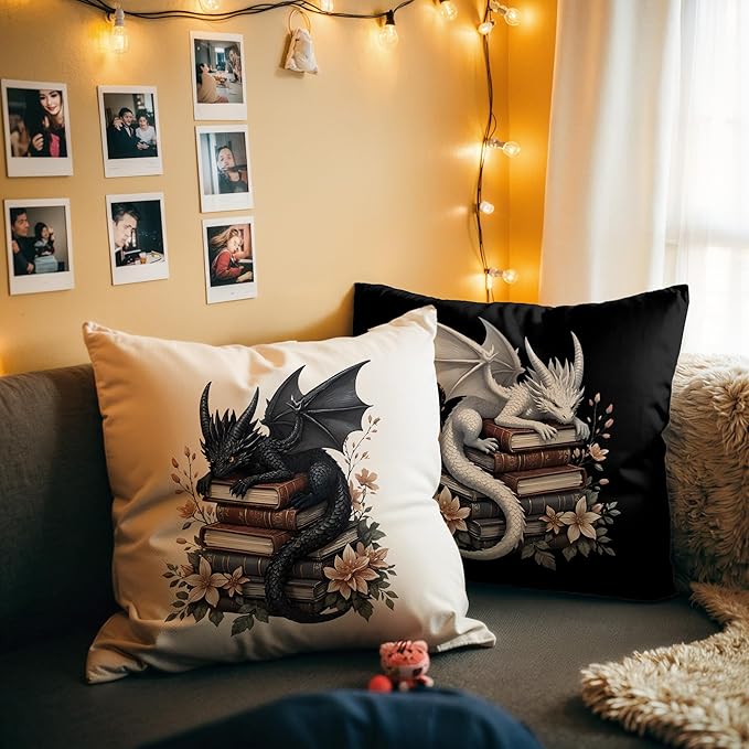 Vintage Magical Black White Dragon Reading Book Decor Throw Pillow Covers 18x18 Set of 2, Fantasy Room Decor for Kids, Gamers, and Bookworms,Reading Nook Decor, Gifts for Bookworm Readers(78)