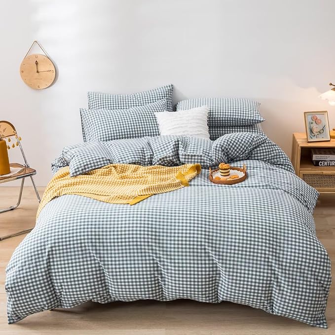 mixinni Blue Gingham Comforter Set King, Plaid Comforter Set 3 Pieces 1 Blue Grid Comfoter with 2 Pillow Cases for All Seasons, Soft Fluffy Modern Grid Pattern Printed Bedding-King Size