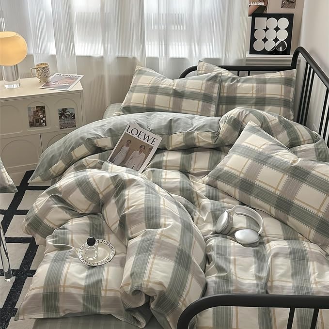 EAVD Green Plaid Duvet Cover Set Queen Soft 100% Cotton Farmhouse Grid Checkerd Gingham Bedding Set with 2 Pillowcases Modern Geometric Plaid Comforter Cover with Zipper Closure for Women Men