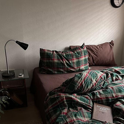 MKXI Vintage Buffalo Plaid Duvet Cover Set 3-Piece | 100% Washed Cotton Reversible Bedding Green/Red Checkered Twin Size with Zipper & Corner Ties Farmhouse & Shabby Chic Design