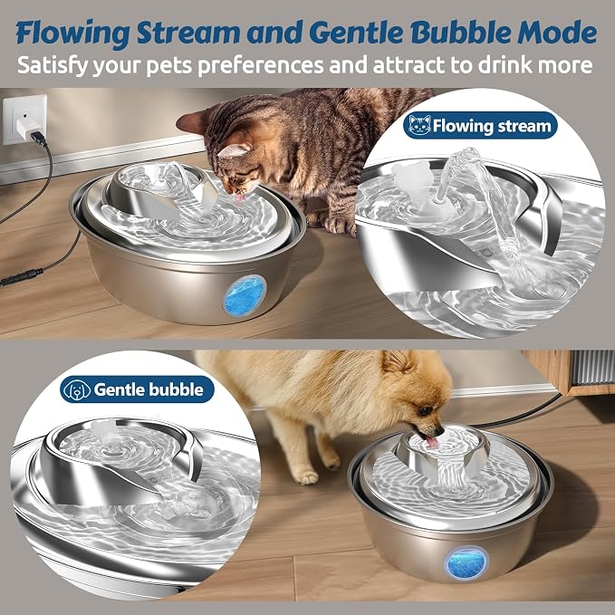 ORSDA Cat Water Fountain Stainless Steel 67oz/2L, Automatic Pet Drinking Fountain with Water Level Window, Dog Water Bowl for Cats and Small Dogs- 8 Filters +4 Pump Sponges (D36)