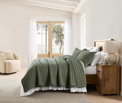 WDCOZY Twin Quit Size Bedding Sets with Pillow Sham, Lightweight Soft Bedspread Coverlet, Quilted Blanket Thin Comforter Bed Cover for All Season, 2 Pieces, 68x90 inches, Moss Green