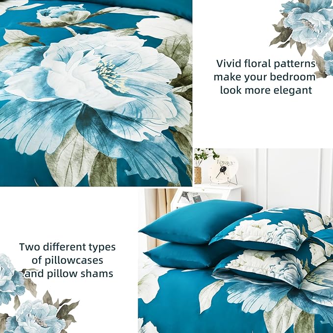 Dobuyly Teal Comforter Set King 7 Piece Bed in a Bag, Teal Blue Floral Printed Comforter Set with Sheets, Soft Microfiber Botanical Complete Bedding Set for All Season