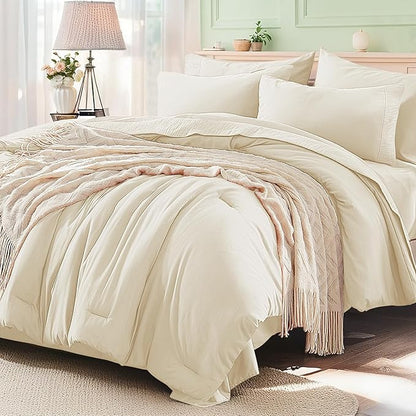 Anluoer Cream King Comforter Set 7 Pieces, Bed in a Bag with Sheets, All Season Bedding Sets with 1 Comforter, 2 Pillow Shams, 2 Pillowcases, 1 Flat Sheet, 1 Fitted Sheet