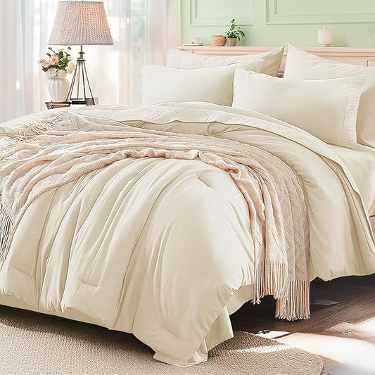 Anluoer Cream Queen Comforter Set 7 Pieces, Bed in a Bag with Sheets, All Season Bedding Sets with 1 Comforter, 2 Pillow Shams, 2 Pillowcases, 1 Flat Sheet, 1 Fitted Sheet