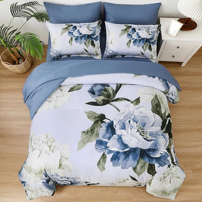 Dobuyly Blue Full Size Comforter Set 7 Piece Bed in a Bag, Blue Floral Print on Light Blue Comforter Set with Sheets, Soft Microfiber Complete Bedding Set for All Season