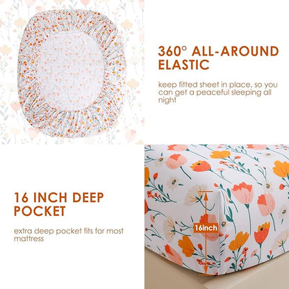 JSD Tulip Floral Sheet Set Full Size, 4 Piece Spring Printed Microfiber Bed Sheets Deep Pocket