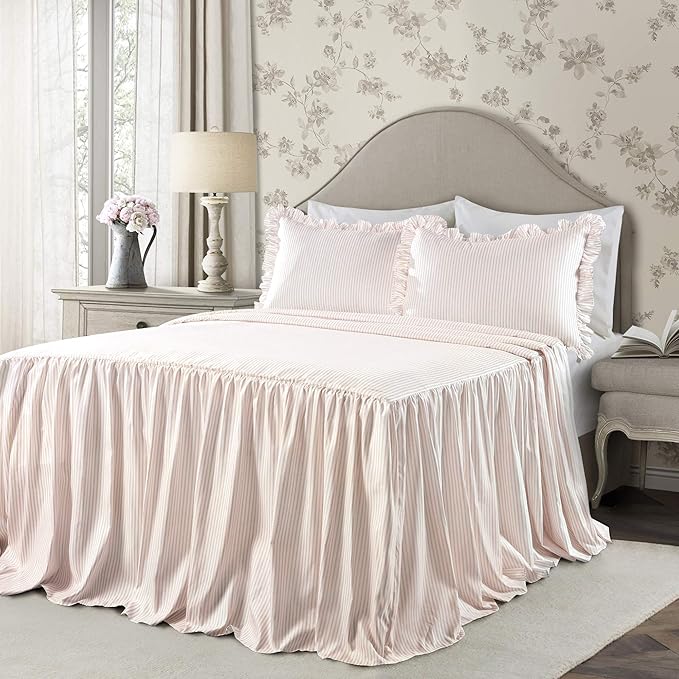 Lush Decor Ticking Stripe Bedspread Queen Size 3 Piece Set Blush - Ruffle Bedding Set Queen Bedspreads - Striped Bedding - Farmhouse & Coquette Decor