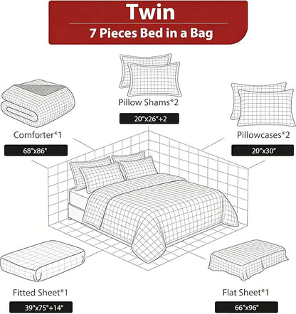 Vintage Floral Twin Size Bed in A Bag for Girls, 7Pcs Modern Black Red Comforter Set, Farmhouse Country Botanical Quilted Bedding with 2 Pillowcases, 68"x86"