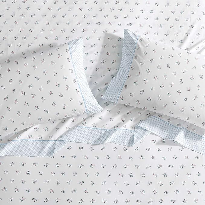 Laura Ashley - Twin Sheet Set, Crisp & Cool Cotton Percale Bedding with Deep Pockets, Lightweight for Year Round Comfort, Bed Sheets with Matching Pillowcase (Harperette Blue)