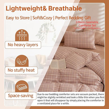 EAVD Modern Style Gingham Comforter Set King Fluffy Soft Pink Blue Grid Plaid Comforter Set with 2 Pillowcases Farmhouse Grid Checkered Gingham Bedding Set for All-Season