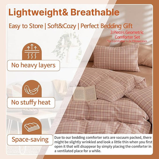 EAVD Modern Style Gingham Comforter Set Queen Fluffy Soft Pink Blue Grid Plaid Comforter Set with 2 Pillowcases Farmhouse Grid Checkered Gingham Bedding Set for All-Season