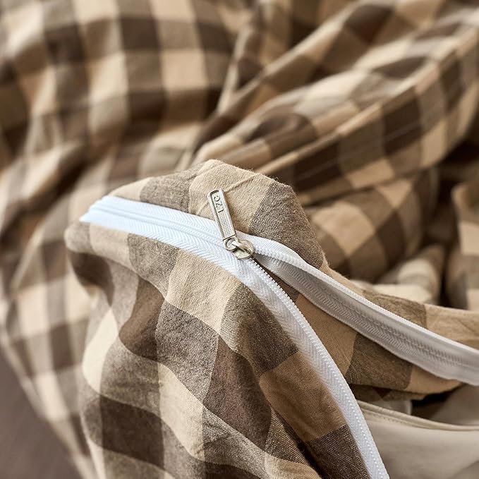 Checkered King Size Duvet Covers Tan Brown Washed Cotton King Comforter Cover Boho Gingham Cute Rustic Duvet Cover Set with Hidden Zipper Vintage Buffalo Plaid Bedding Set Soft Duvet Protector