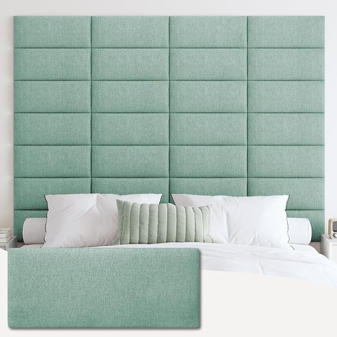 IFNOW Wall Mounted Headboard, Peel and Stick Panels, Grass Green, Queen | 3D Soundproof Acoustic Padding, Reusable and Removable Tufted fabric Bed Headboard for bedroom (9 Panels, 10" x 24")
