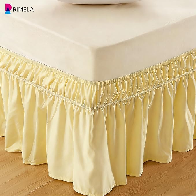 RIMELA Twin Bed Skirt Beige Yellow 12 Inch Drop,Wrap Around Elastic Bed Skirts Twin Size Dust Ruffle,Bedskirt for Adjustable Bed Base Solid Wrinkle and Fade Resistant Silky Fabric Machine Washable
