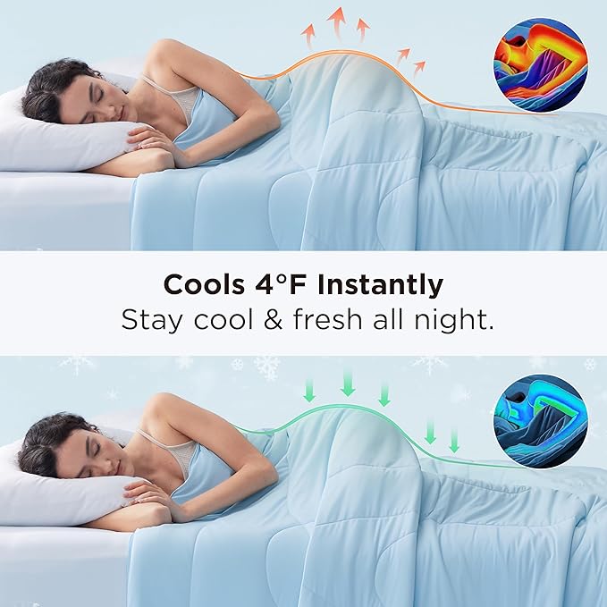 Bedsure Cooling Comforter Queen Size - Cooling Blankets for Hot Sleepers, Lightweight Comforter for Summer with Dual-Sided Cool Tech, Soft Breathable Cold Blanket for Sleeping, Blue, 88x88 Inches