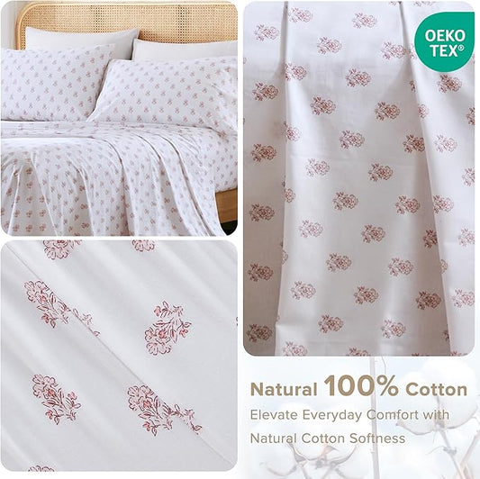 Comfort Spaces 100% Cotton Sheets Twin XL, Breathable, Naturally Cool Cotton Sheets, Soft Cotton Bed Sheets with 12" Elastic Pocket Fits up to 14" Mattress, All Seasons Sheet Set, Floral Pink 3 Piece