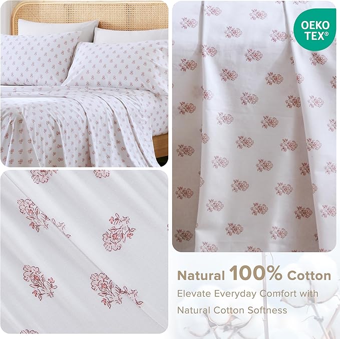 Comfort Spaces 100% Cotton Sheets Full, Breathable, Naturally Cool Cotton Sheets, Soft Cotton Bed Sheets with 14" Elastic Pocket Fits up to 16" Mattress, All Seasons Sheet Set, Floral Pink 4 Piece