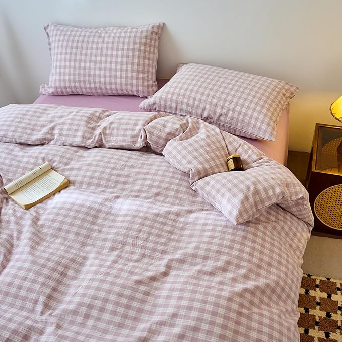 EAVD Vintage Style Gingham Duvet Cover King Purple White Soft 100% Washed Cotton Chic Grid Checkered Bedding Set with 2 Pillowcases Farmhouse Purple Plaid Duvet Cover with Zipper Closure
