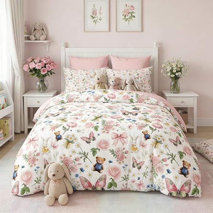 Pink Twin Bed in A Bag for Girls 5Pcs Priness Bow Comforter Set Butterfly Bedding for Kids Kawaii Bedroom Decor, 1 Comforter +2 Pillowcases + 1 Flat Sheet + 1 Fitted Sheet