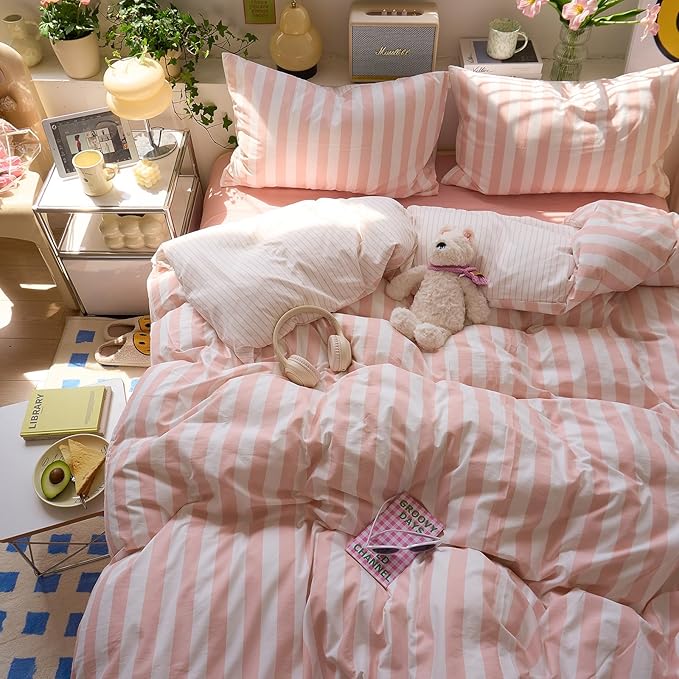 EAVD Pink Striped Duvet Cover Queen Soft Washed Microfiber Pink White Vertical Striped Bedding Set with 2 Pillowcases Modern Farmhouse Geometric Pattern Duvet Cover with Zipper Closure